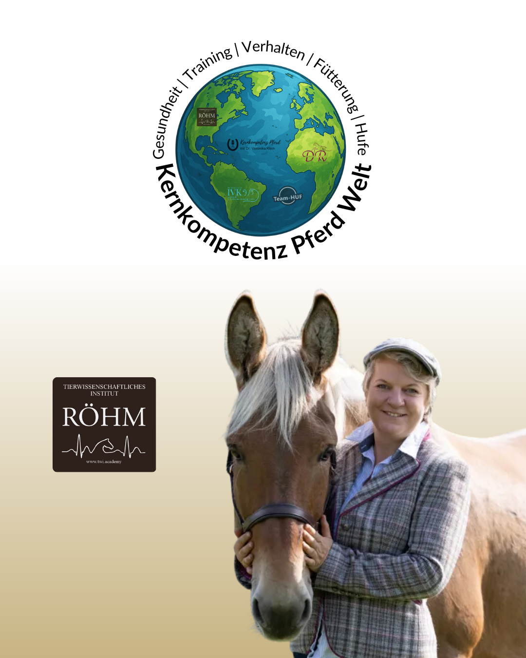 Ernährungsexpertin Conny Röhm mit einem Pferd, KKP-Welt-Globus-Logo mit den Bereichen Gesundheit, Training, Verhalten, Fütterung und Hufe sowie das Röhm-Logo